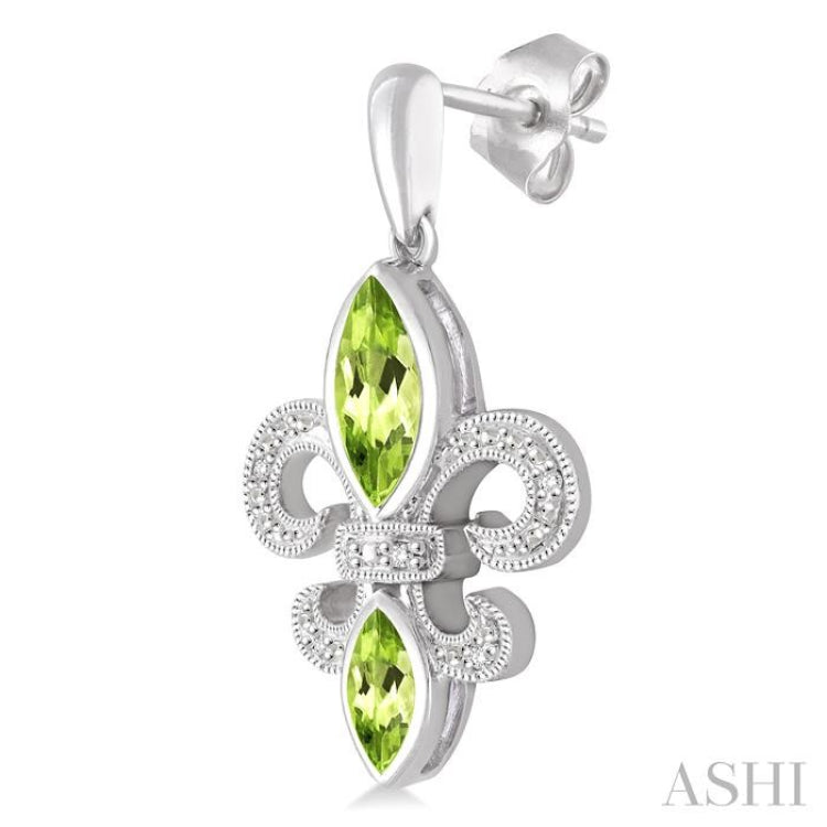 8x4 MM Marquise Cut Peridot, 6x3 MM Marquise Cut Peridot and 1/20 Ctw Round Cut Diamond Fleur De Lis Earrings in Sterling Silver