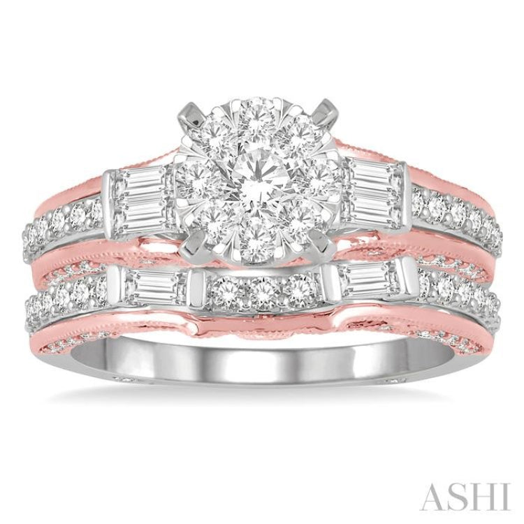 1 1/3 Ctw Diamond Lovebright Wedding Set with 1 Ctw Engagement Ring in White & Rose Gold and 1/3 Ctw Wedding Band in White and Rose Gold in 14K