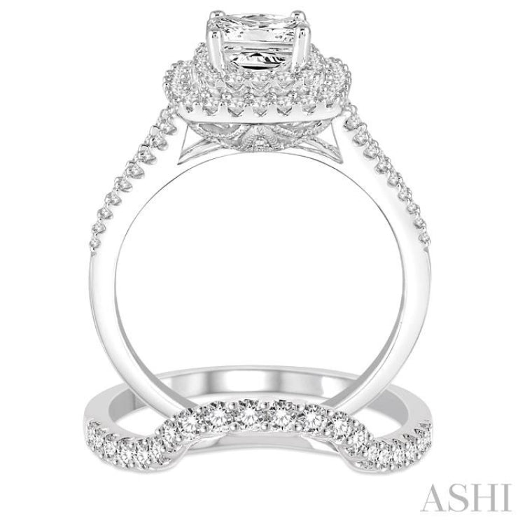 1 1/3 Ctw Diamond Bridal Set with 1 1/10 Ctw Princess Cut Engagement Ring and 1/5 Ctw Wedding Band in 14K White Gold