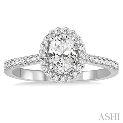 5/8 Ctw Diamond Engagement Ring with 1/3 Ct Oval Shaped Center stone in 14K White Gold