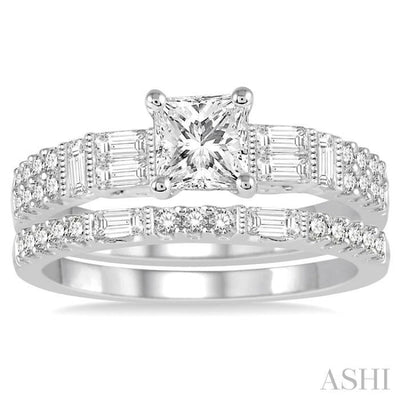 1 1/3 Ctw Diamond Bridal Set with 1 Ctw Princess Cut Engagement Ring and 1/4 Ctw Wedding Band in 14K White Gold