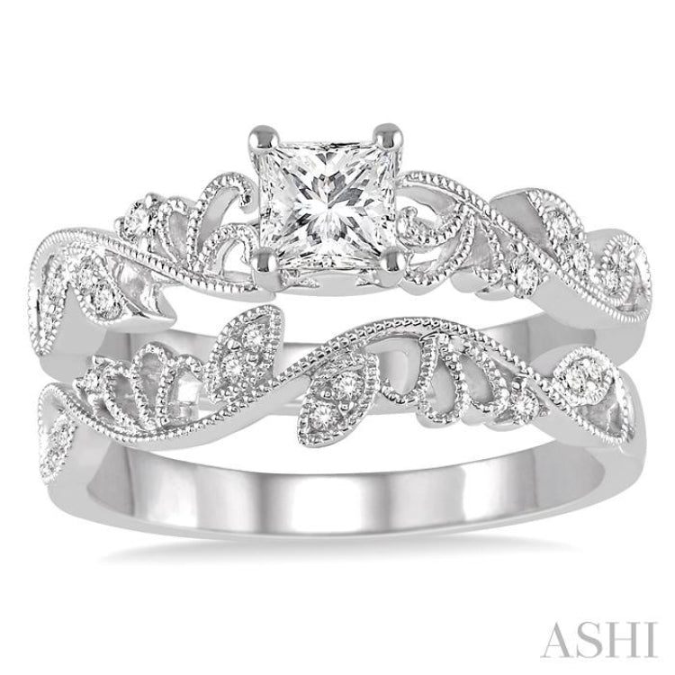 1/3 Ctw Diamond Bridal Set with 1/3 Ctw Princess Cut Engagement Ring and 1/20 Ctw Wedding Band in 14K White Gold