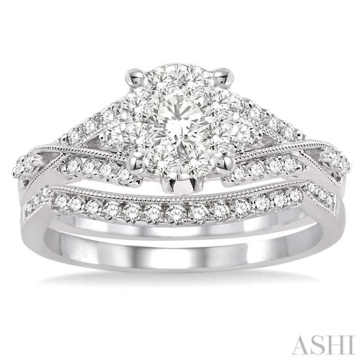 3/4 Ctw Round Cut Diamond Lovebright Bridal Set with 5/8 Ctw Engagement Ring and 1/5 Ctw Wedding Band in 14K White Gold