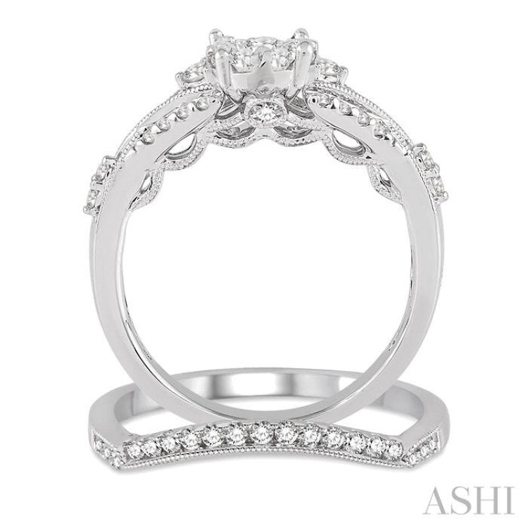 3/4 Ctw Round Cut Diamond Lovebright Bridal Set with 5/8 Ctw Engagement Ring and 1/5 Ctw Wedding Band in 14K White Gold