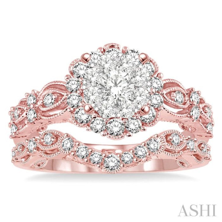 7/8 Ctw Diamond Lovebright Wedding Set with 3/4 Ctw Engagement Ring and 1/5 Ctw Wedding Band in 14K Rose and White Gold