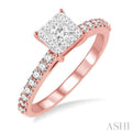 1/2 Ctw Round and Princess Cut Diamond Lovebright Engagement Ring in 14K Rose and White Gold