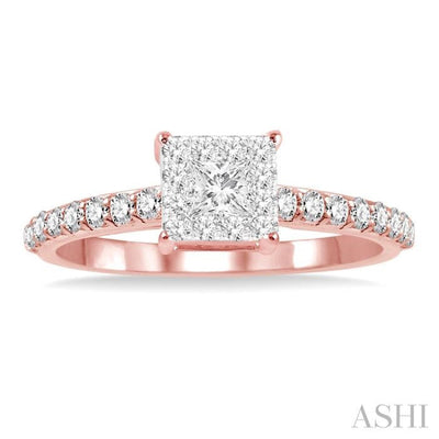 1/2 Ctw Round and Princess Cut Diamond Lovebright Engagement Ring in 14K Rose and White Gold