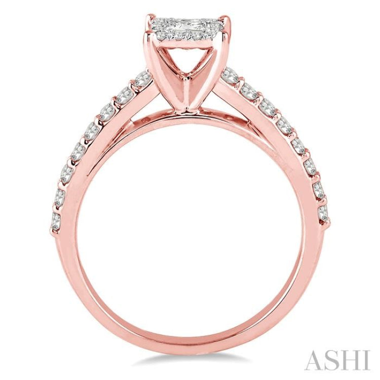 1/2 Ctw Round and Princess Cut Diamond Lovebright Engagement Ring in 14K Rose and White Gold