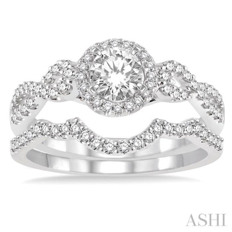 3/4 Ctw Diamond Bridal Set with 1/2 Ctw Round Cut Engagement Ring and 1/5 Ctw Wedding Band in 14K White Gold