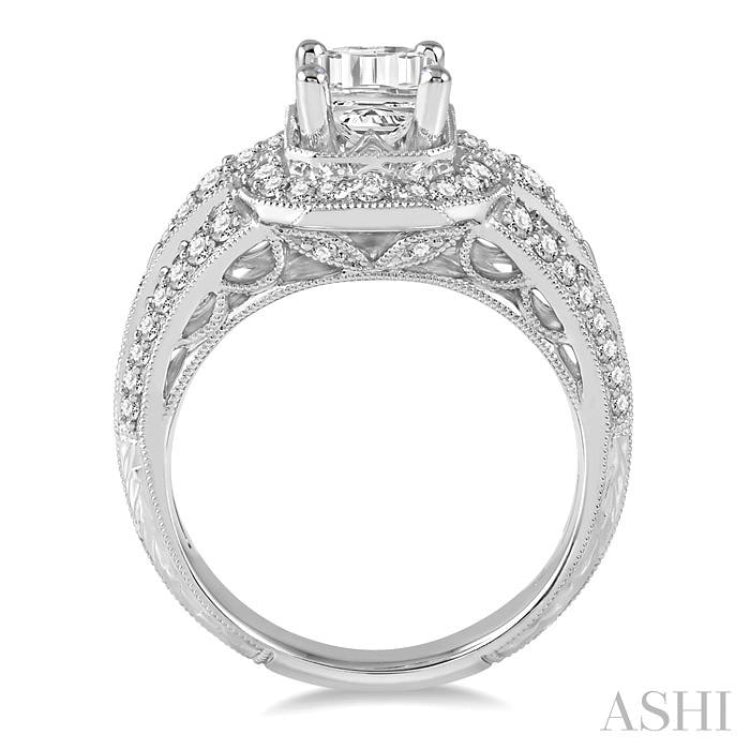 5/8 Ctw Round Diamond Octagon Halo Semi-Mount Engagement Ring with Vintage Detailing in 14K White Gold