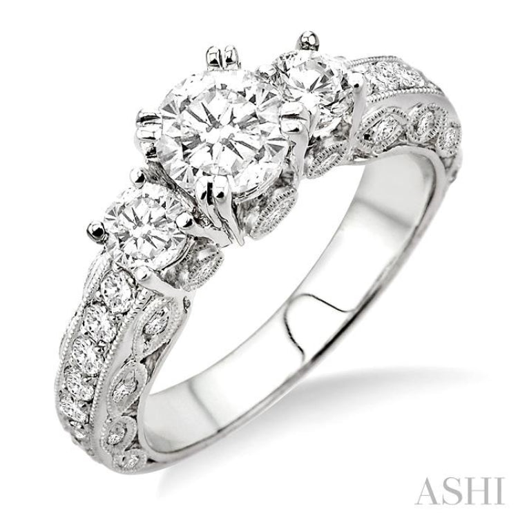 1 1/6 Ctw Tri Stone Semi-Mount Diamond Engagement Ring in 14K White Gold