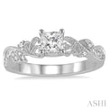 1/10 Ctw Princess Cut Center Semi-Mount Diamond Leaf Motif Engagement Ring in 14K White Gold