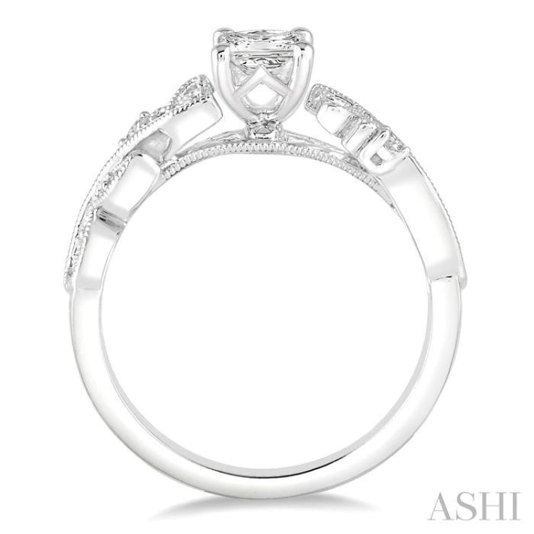 1/10 Ctw Princess Cut Center Semi-Mount Diamond Leaf Motif Engagement Ring in 14K White Gold