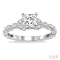 1/6 Ctw Princess Cut Semi-Mount Leaf and Circle Motif Diamond Engagement Ring in 14K White Gold