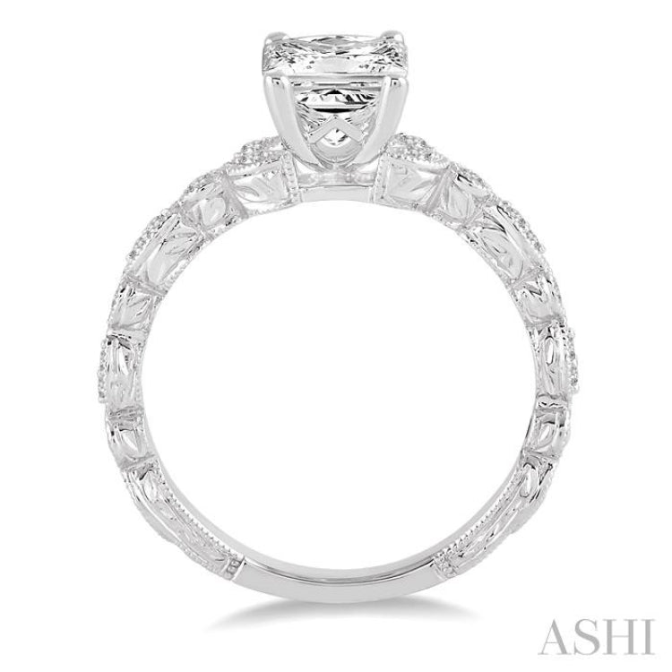 1/6 Ctw Princess Cut Semi-Mount Leaf and Circle Motif Diamond Engagement Ring in 14K White Gold