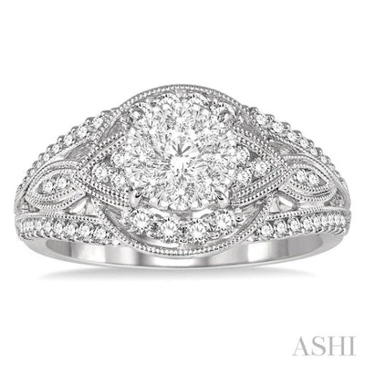 7/8 Ctw Round Diamond Lovebright Engagement Ring in 14K White Gold