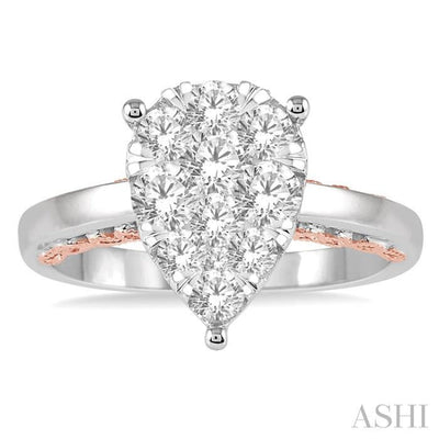 1 Ctw Round Diamond Lovebright Pear Shape Engagement Ring in 14K White and Rose Gold