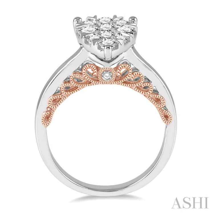 1 Ctw Round Diamond Lovebright Pear Shape Engagement Ring in 14K White and Rose Gold