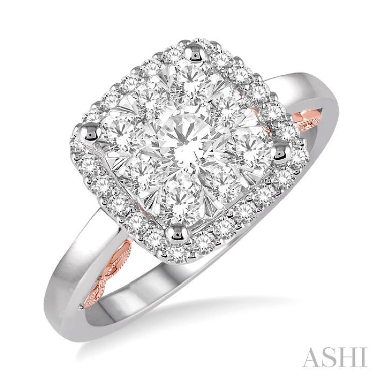 1 Ctw Round Diamond Lovebright Square Halo Engagement Ring in 14K White and Rose Gold