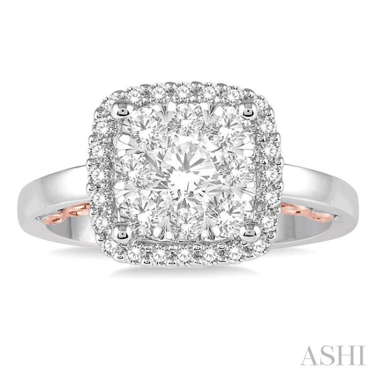 1 Ctw Round Diamond Lovebright Square Halo Engagement Ring in 14K White and Rose Gold