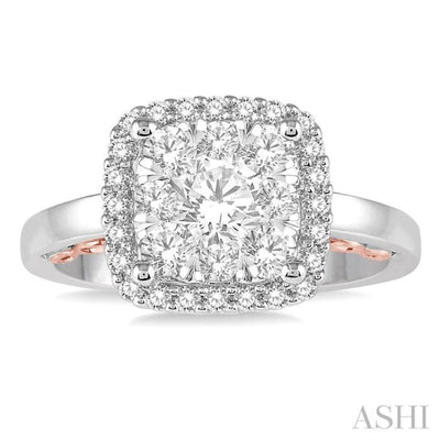 1 Ctw Round Diamond Lovebright Square Halo Engagement Ring in 14K White and Rose Gold