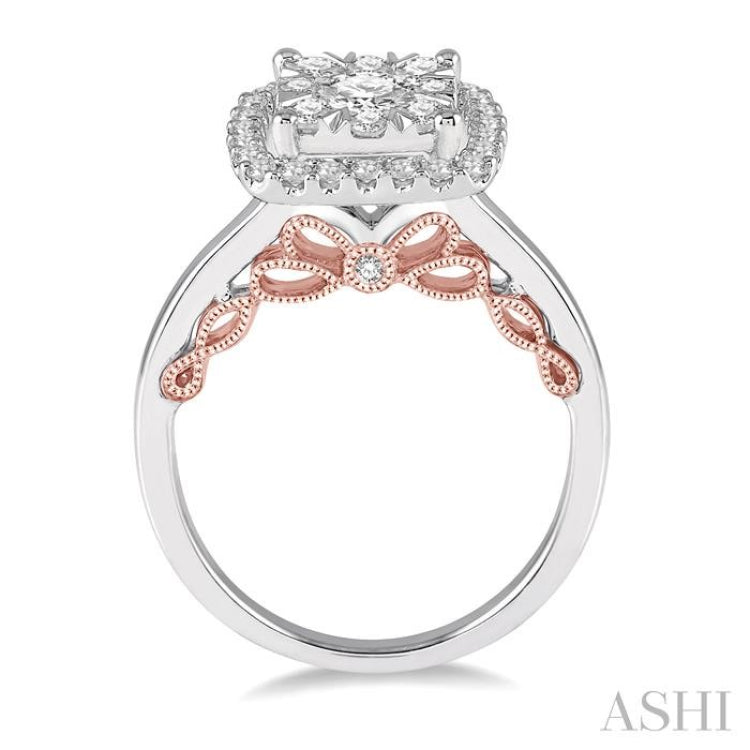 1 Ctw Round Diamond Lovebright Square Halo Engagement Ring in 14K White and Rose Gold