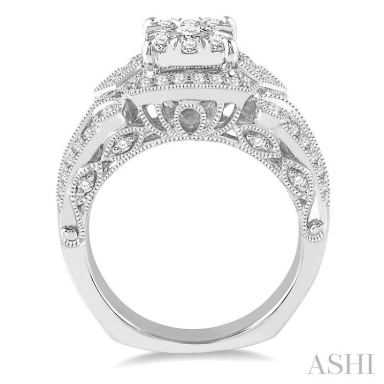 1 1/5 Ctw Diamond Lovebright Vintage Inspired Engagement Ring in 14K White Gold