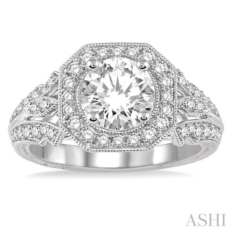 5/8 Ctw Round Diamond Asscher Halo Semi-Mount Vintage Inspired Engagement Ring in 14K White Gold