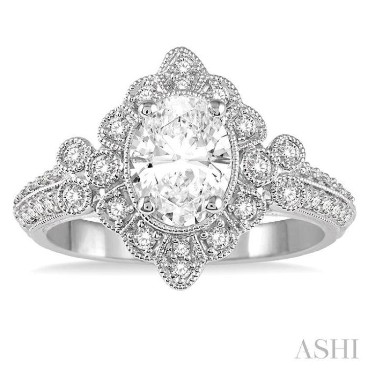 1/2 Ctw Round Diamond Semi-Mount Art Deco Inspired Halo Engagement Ring in 14K White Gold