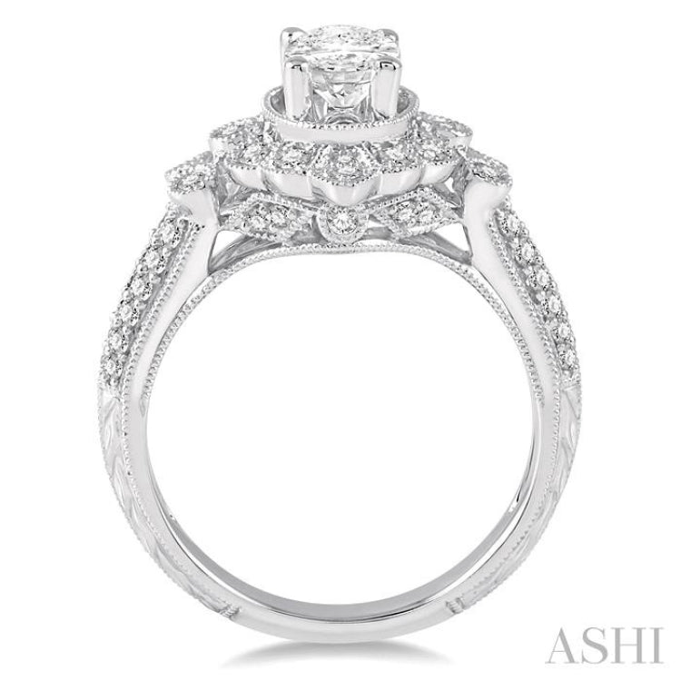 1/2 Ctw Round Diamond Semi-Mount Art Deco Inspired Halo Engagement Ring in 14K White Gold