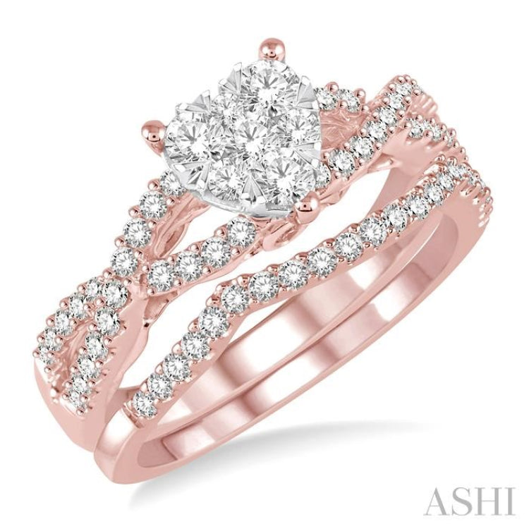 7/8 Ctw Diamond Lovebright Wedding Set with 3/4 Ctw Heart Shape Engagement Ring in Rose & White Gold and 1/6 Ctw Wedding Band in Rose Gold 14K