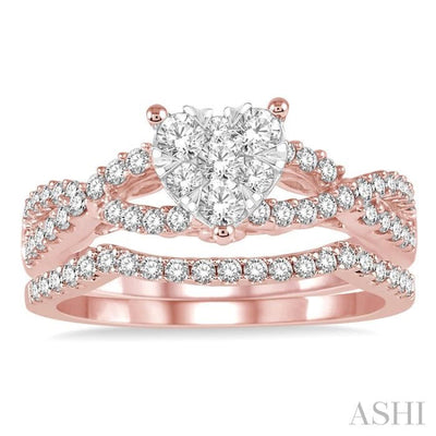 7/8 Ctw Diamond Lovebright Wedding Set with 3/4 Ctw Heart Shape Engagement Ring in Rose & White Gold and 1/6 Ctw Wedding Band in Rose Gold 14K