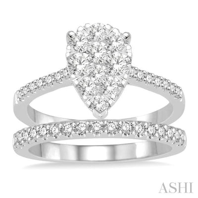 1 1/10 ctw Diamond Lovebright Wedding Set With 3/4 Ctw Pear Shape Engagement Ring and 1/4 Ctw Wedding Band in 14K White Gold