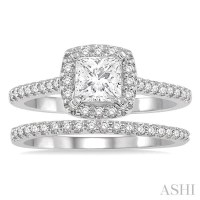 7/8 Ctw Diamond Wedding Set With 3/4 Ctw Princess Cut Engagement Ring and 1/6 Ctw Wedding Band in 14k White Gold