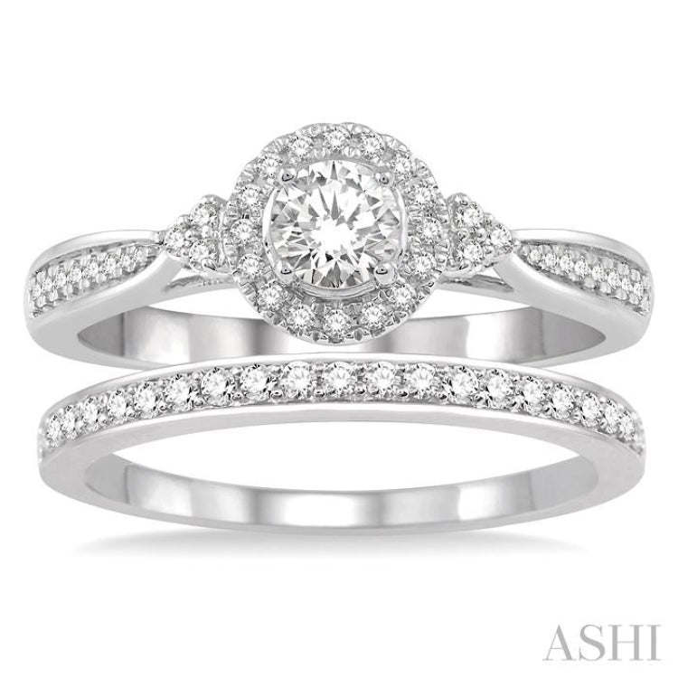 1/2 Ctw Diamond Wedding Set With 3/8 ct Round Center Engagement Ring and 1/10 ct Wedding Band in 14K White Gold