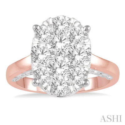 2 Ctw Round Diamond Lovebright Oval Solitaire Style Engagement Ring in 14K Rose and White Gold