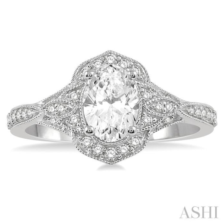 1/3 Ctw Vintage Oval Shape Semi-Mount Round Cut Diamond Engagement Ring in 14K White Gold