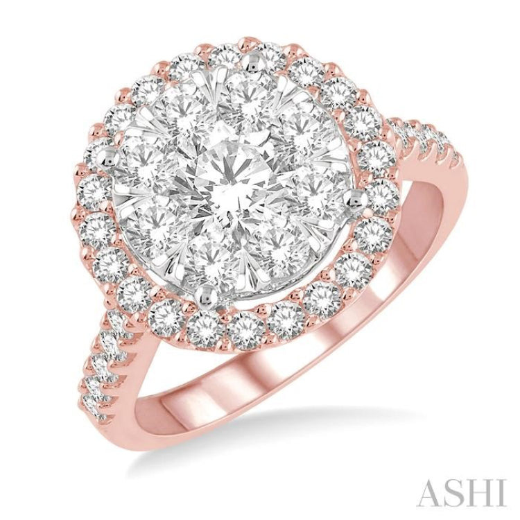 2 Ctw Round Diamond Lovebright Halo Engagement Ring in 14K Rose and White Gold