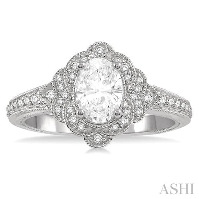 1/4 Ctw Oval Shape Semi-Mount Round Cut Diamond Engagement Ring in 14K White Gold