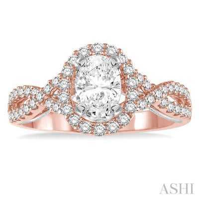 1/2 Ctw Oval Shape Crossed Shank Semi-Mount Round Cut Diamond Engagement Ring in 14K Rose and White Gold