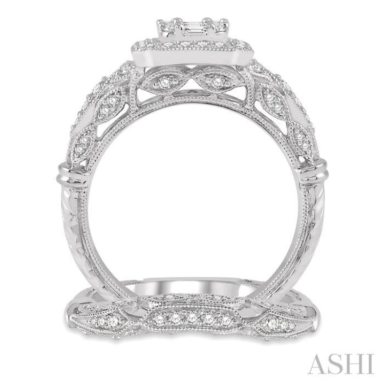 3/4 ctw Lattice Diamond Wedding Set With 3/4 ctw Baguette & Round Cut Diamond Engagement Ring and 1/10 ctw Wedding Band in 14K White Gold