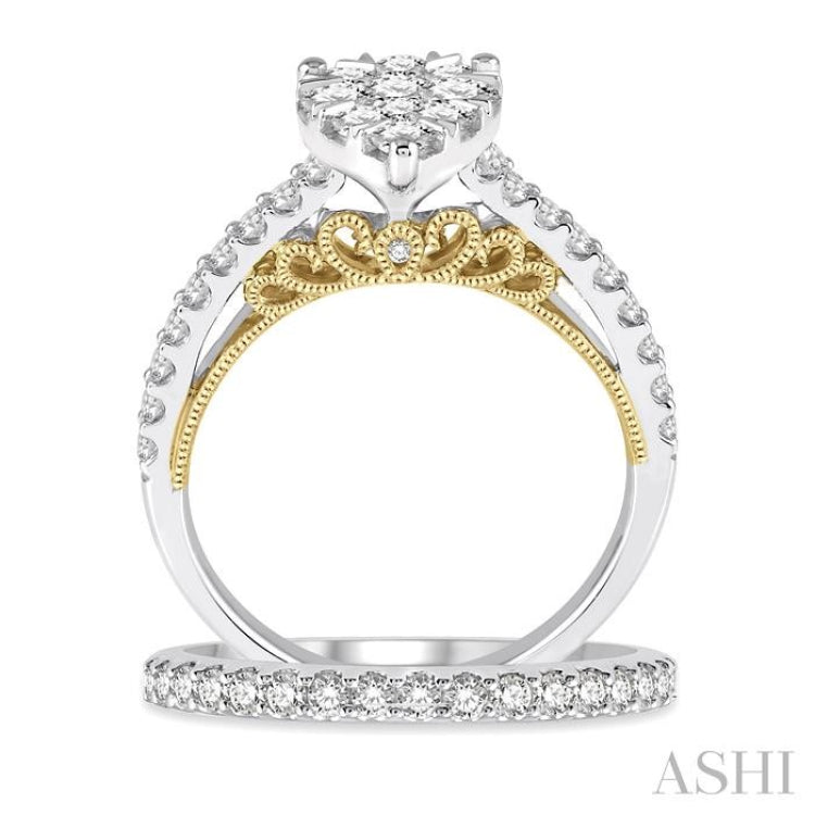 1 1/3 Ctw Diamond Lovebright Wedding Set with 1 Ctw Pear Shape Engagement Ring in White and Yellow Gold & 1/3 Ctw Wedding Band in White Gold in 14K