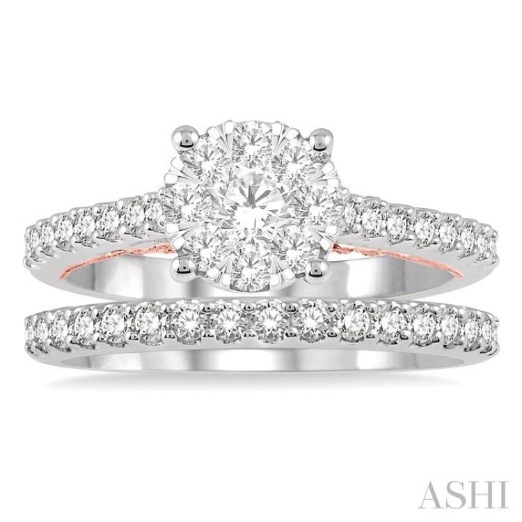 1 1/3 Ctw Lovebright Diamond Wedding Set in 14K With 1 Ctw Round Shape Engagement Ring in White and Rose Gold and 1/3 Ctw Wedding Band in White Gold