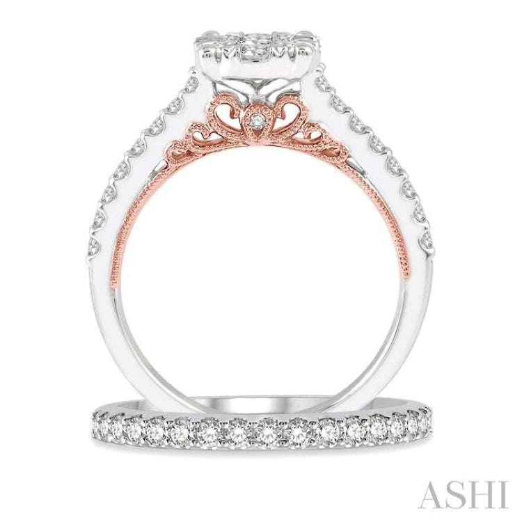 1 1/3 Ctw Lovebright Diamond Wedding Set in 14K With 1 Ctw Round Shape Engagement Ring in White and Rose Gold and 1/3 Ctw Wedding Band in White Gold