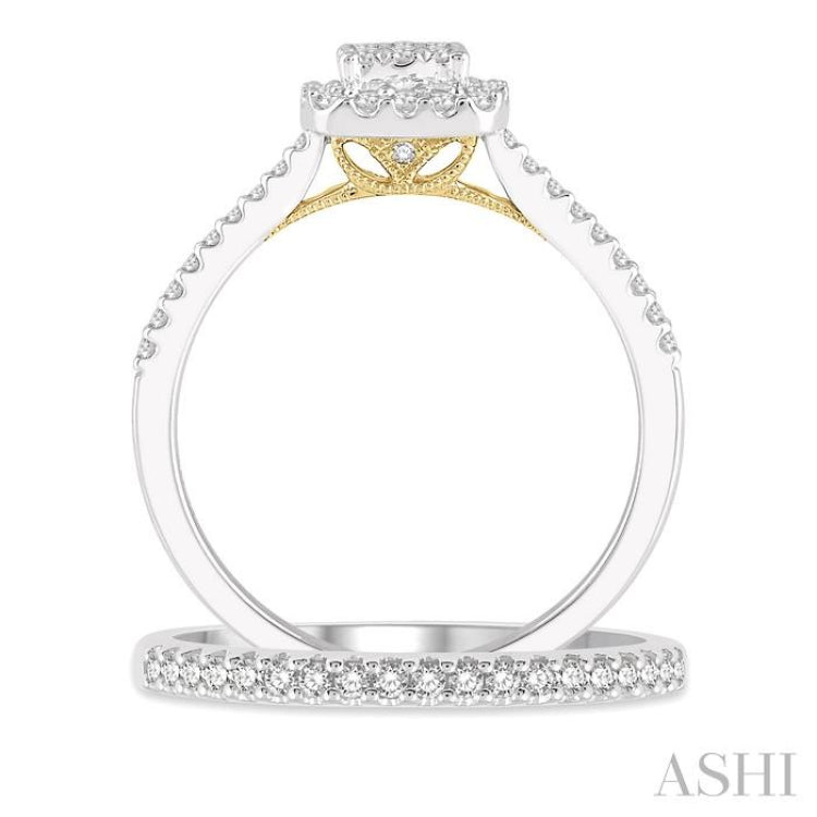 1/2 Ctw Lovebright Diamond Wedding Set With 1/3 ct Square Shape Engagement Ring in White and Yellow Gold and 1/5 ct Wedding Band in White Gold in 14K