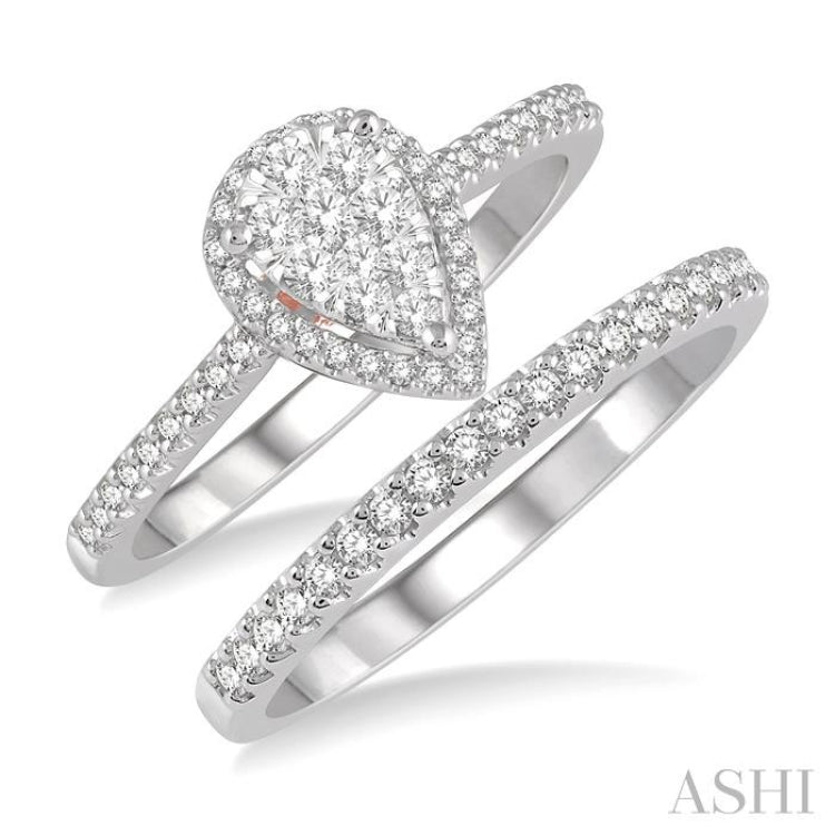 1/2 Ctw Lovebright Diamond Wedding Set With 1/3 ct Pear Shape Engagement Ring and 1/5 ct Wedding Band in 14K White and Rose Gold