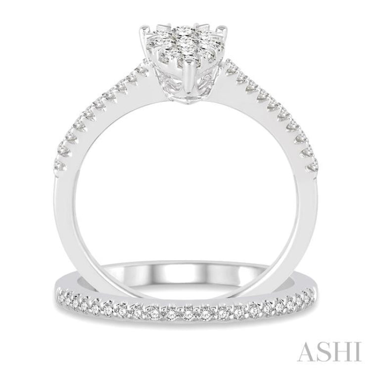 5/8 Ctw Diamond Lovebright Wedding Set With 1/2 Ctw Pear Shape Engagement Ring and 1/6 Ctw Wedding Band in 14K White Gold