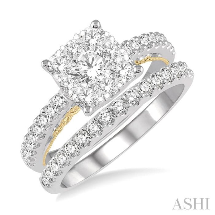 1 1/3 ctw Lovebright Diamond Wedding Set With 1 ctw Cushion Shape Engagement Ring and 1/3 ctw Wedding Band in 14K White and Yellow Gold