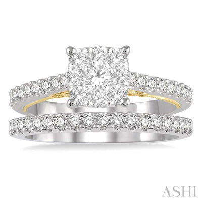 1 ctw Lovebright Diamond Wedding Set With 3/4 ctw Cushion Shape Engagement Ring in 14K White and Yellow Gold and 1/4 ctw Wedding Band in 14K Wh