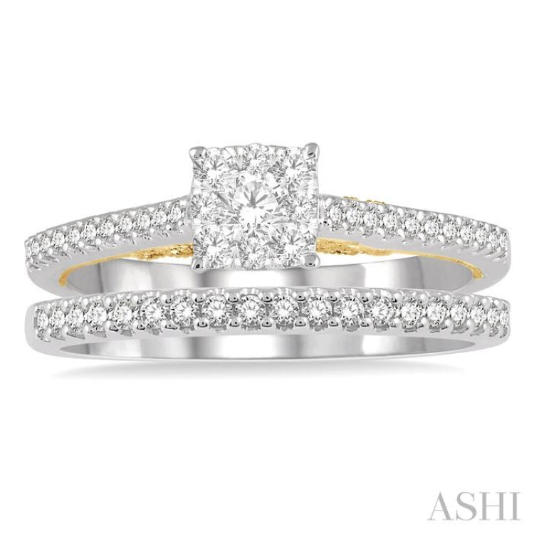 1/2 ctw Lovebright Diamond Wedding Set With 1/3 ctw Cushion Shape Engagement Ring in 14K White and Yellow Gold and 1/6 ctw Wedding Band in 14K Wh